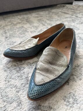 J Crew Pointed Toe Loafers in Blue and Off-White Snake Embossed Leather